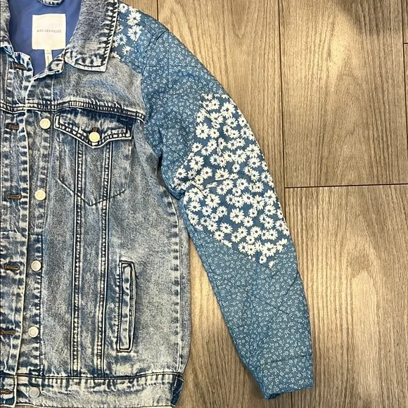Women’s Denim Jacket with Blue Floral Sleeves - Picture 3 of 4